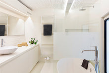 Load image into Gallery viewer, SQUID textile window foil color chalk opaque applied to shower glass in bathroom